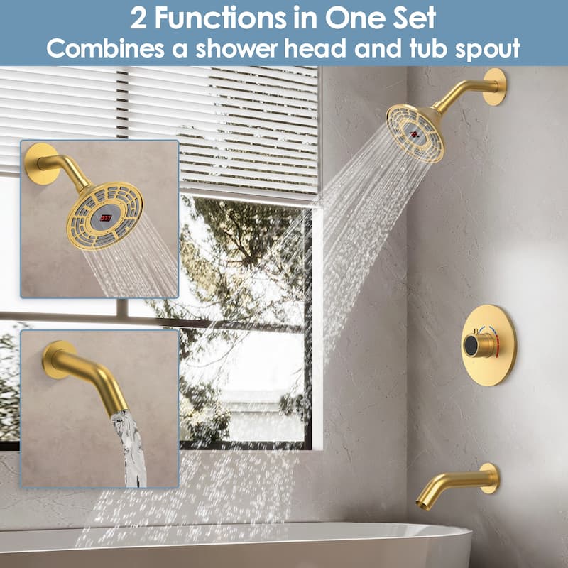 GRANDJOY 5 inch Wall Mount Shower Head with Tub Spout Shower Faucet Set Temperature Display Pressure Balanced Valve