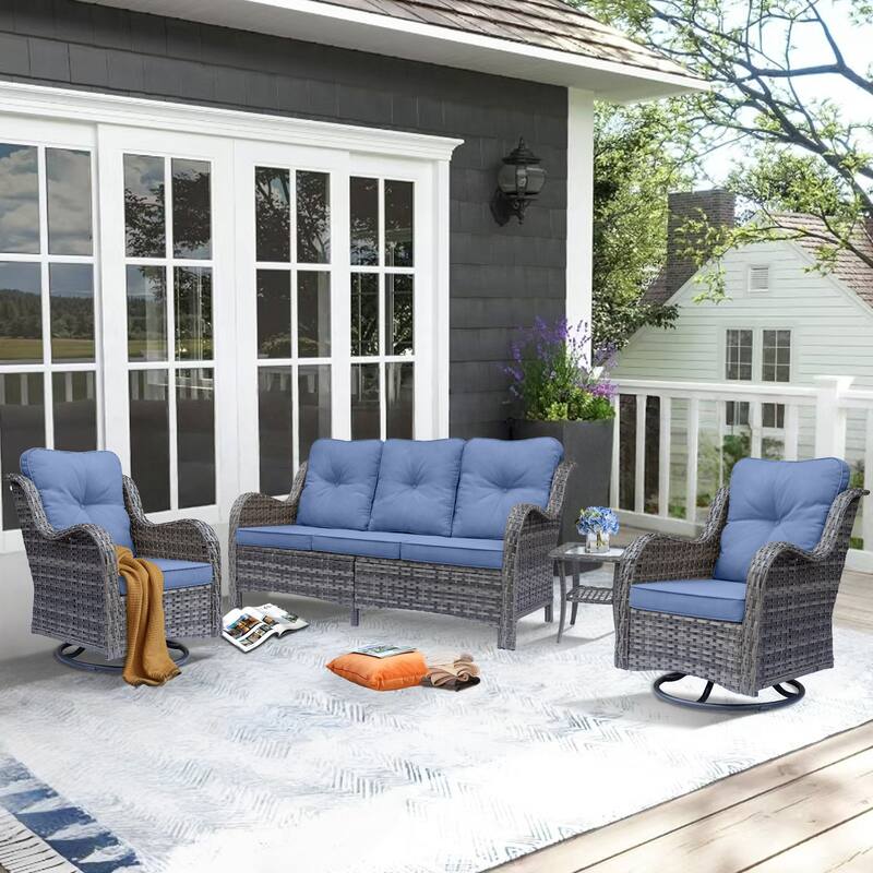 Outdoor Wicker Patio Conversation Seating Sofa Sets with Swivel Chairs - 4 Piece - Denim Blue/Gray Wicker