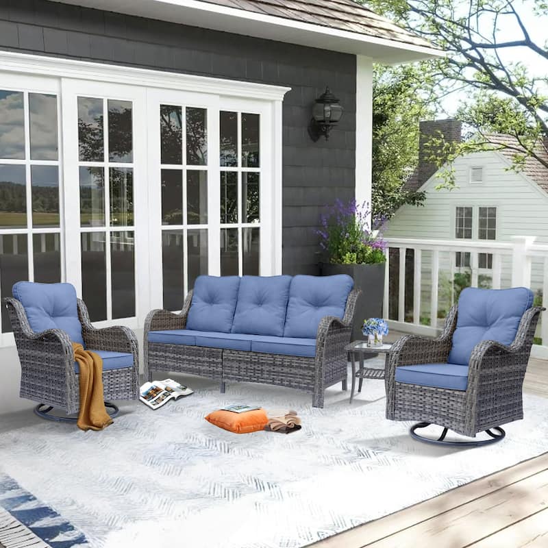 4 Piece Patio Furniture Seating Sofa Set with Swivel Chair and Cushion - Denim Blue/Gray Wicker