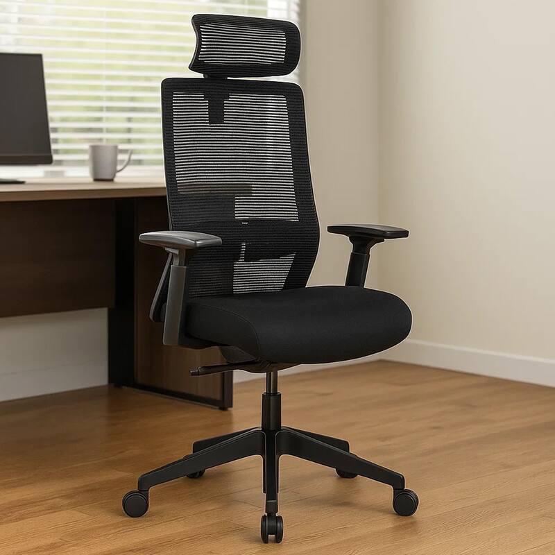 Rolling Office Chair with Headrest, Black Mesh, Foam, Swivel Seat