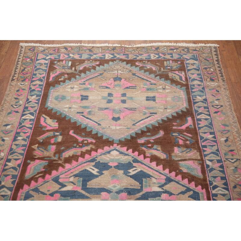 Hand Knotted Oriental 100% Wool Carpet Traditional Geometric Brown Heriz Runner Rug - 10' 11'' X 3' 9''