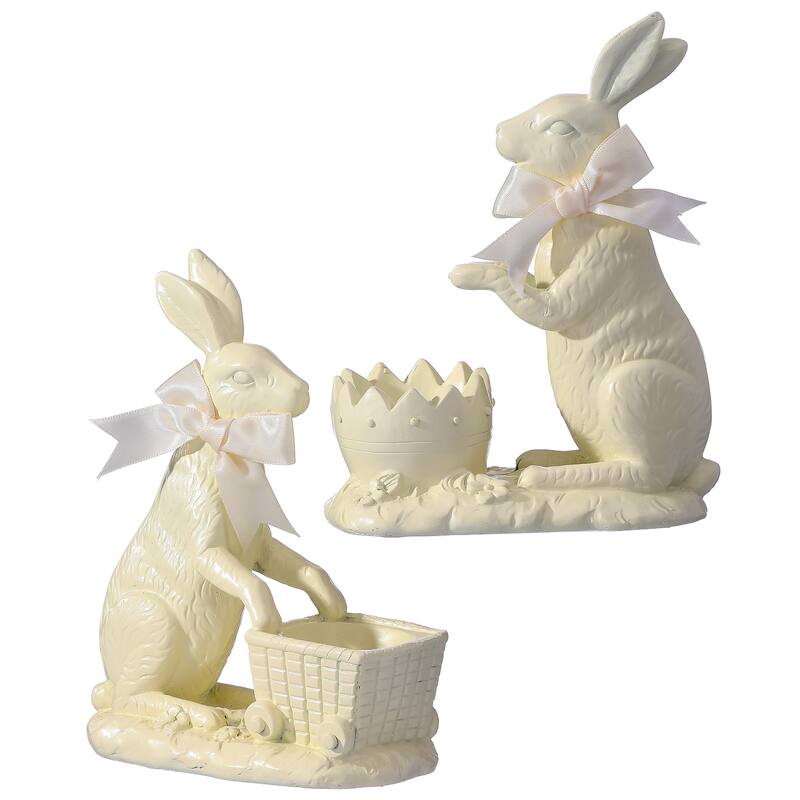 6.5" Resin Chocolate Bunny With Cart set of 2