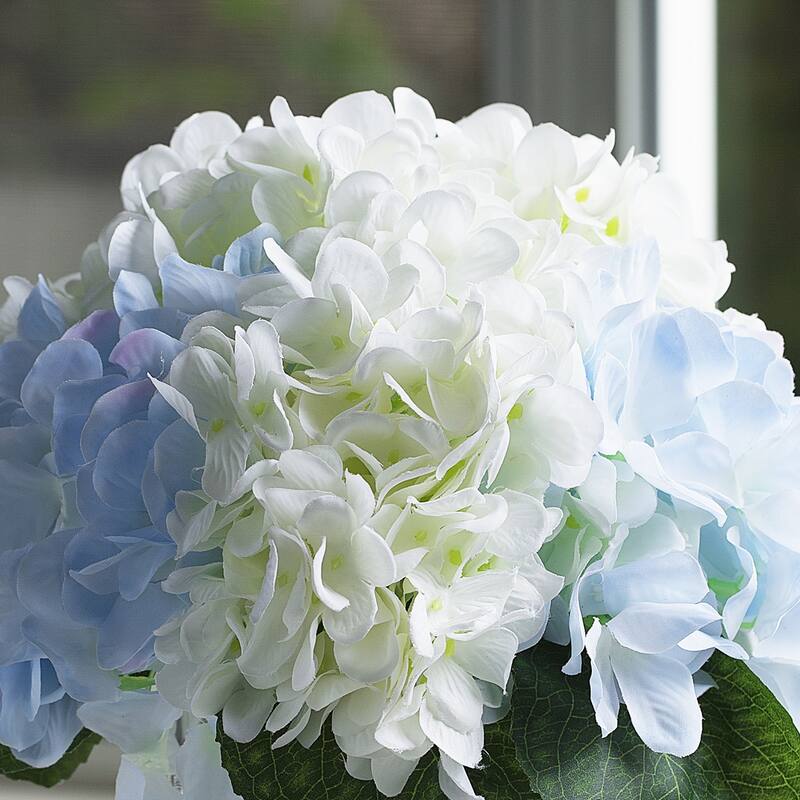 Enova Home Mixed Blue Cream Artificial Hydrangea Silk Flowers Arrangement in Clear Glass Vase with Faux Water for Home Decór