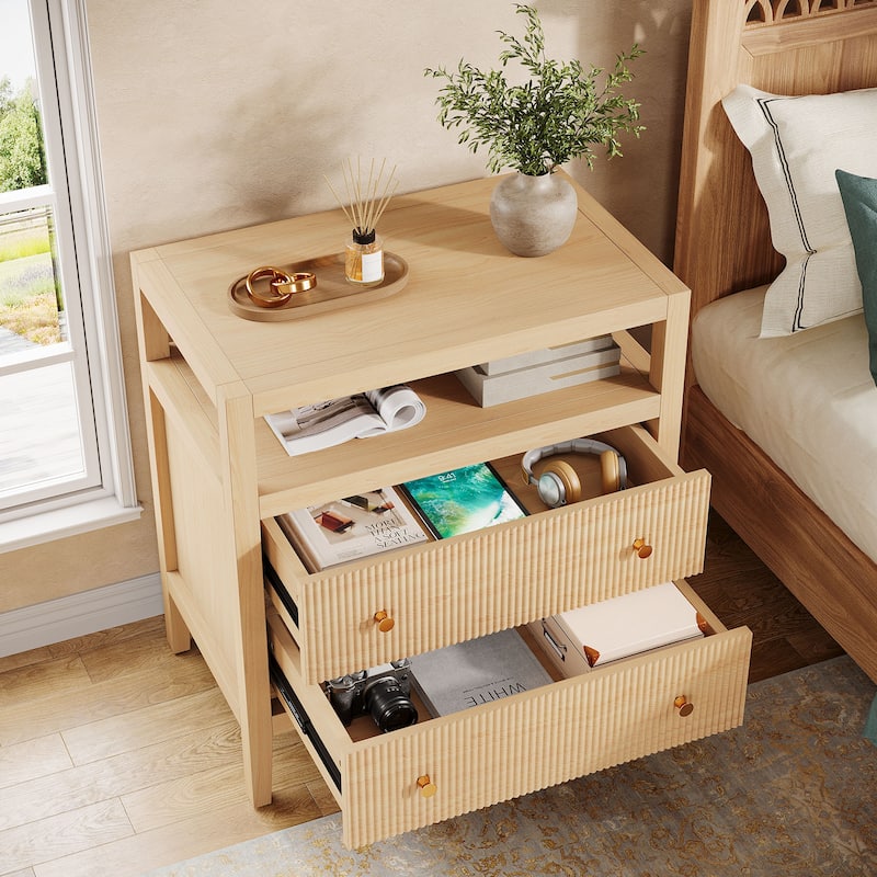 Nightstand with Drawer, Bedside Table with Open Storage Shelf, Living Room Bedroom Accent Side Table