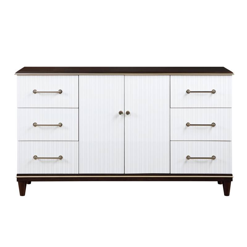 Shim 66 Inch Wide Dresser, 6 Drawers and Double Door, White, Cherry Brown