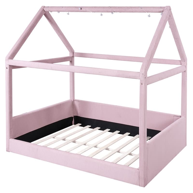 Full Size Upholstered House-Shaped Kids Bed with LED Light Strips, Corduroy Platform Bed Frame Floor Bed