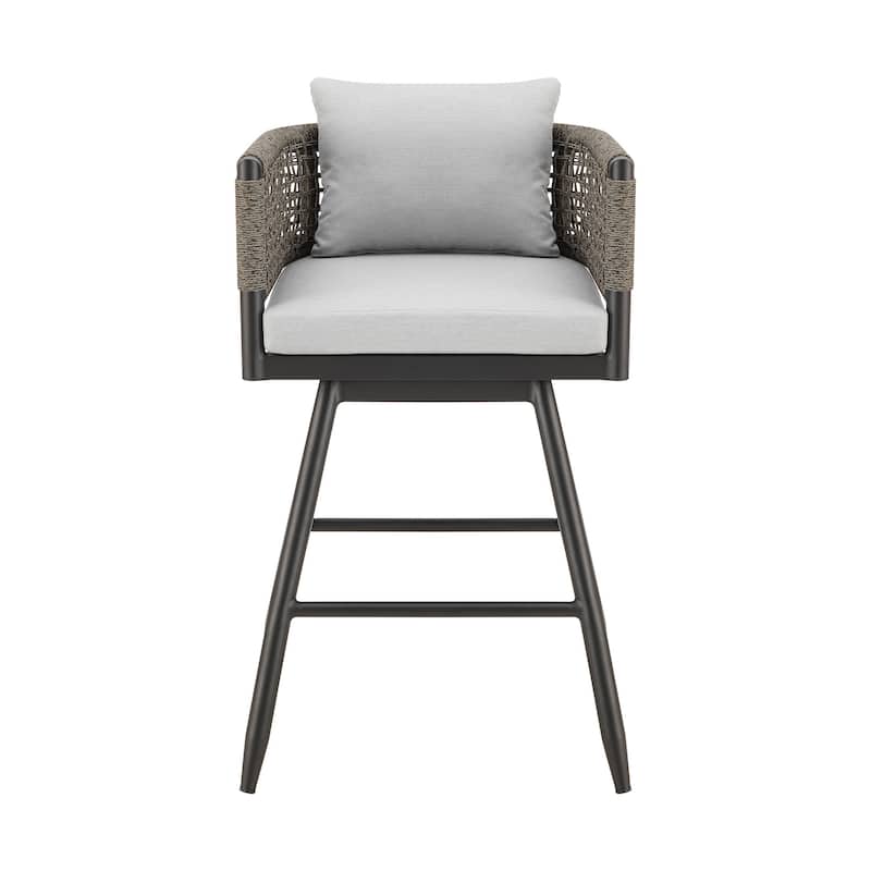 HomeRoots 30" Black and Light Gray Aluminum Swivel Rope Back Outdoor Bar Height Chair with Footrest