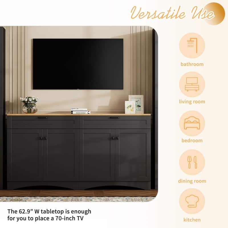 Farmhouse TV Stand 2 Drawers for TVs Up to 70",Mid-Century Buffet Cabinet with Adjustable Shelves