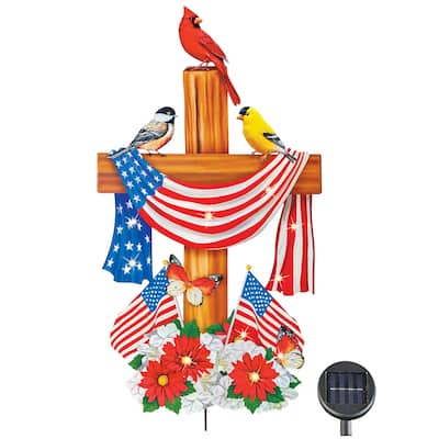 LED Lighted Patriotic Birds on a Cross Garden Stake - 11.75 x 26.75 x 0.25