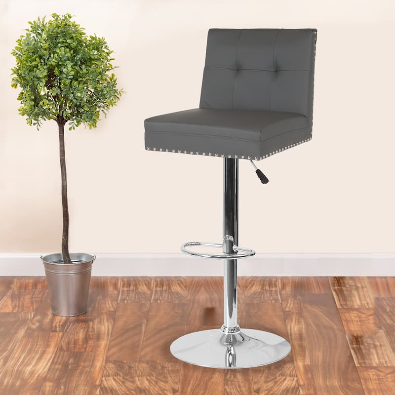 Adjustable Height Tufted Back Barstool w/Accent Nail Trim in Gray LeatherSoft - 17.5"W x 20"D x 38" - 46.5"H
