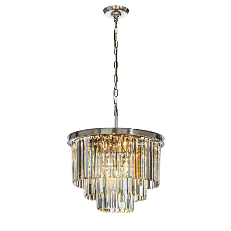 6-Lights Modern 3-Tier Round Fringe Crystal Chandelier - W 20" - Satin Nickel