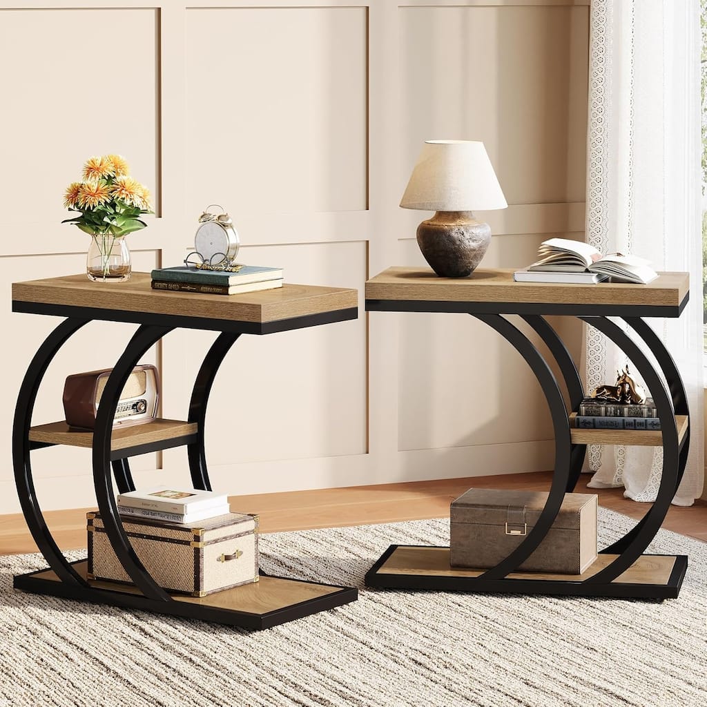 3-Tier Industrial Wood Couch C-Shaped End/Side Table for Living Room, Narrow Nightstand for Bedroom, Small Spaces