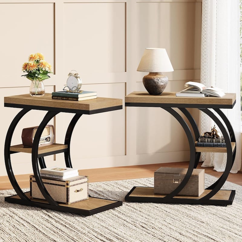 3-Tier Narrow Wood Couch C-Shaped Side End Table with Storage, Industrial Nightstand for Bedroom, Small Spaces - 2pcs