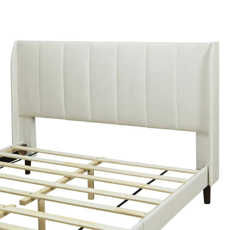 Velvet Upholstered Platform Bed with Wingback Headboard