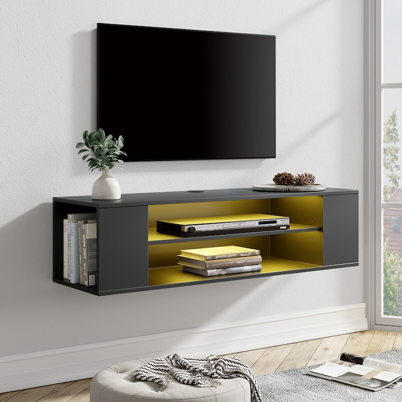 3-Tier Floating TV Stand with Adjustable Shelves for Living Room, Black - Black&Yellow Light