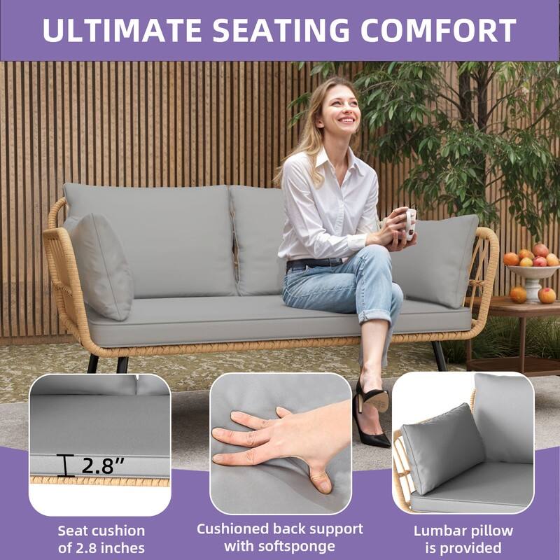 Moasis Outdoor Patio Loveseat Sofa,All-Weather Wicker Rattan 2 Seater Sofa with Cushions & Lumbar Pillows