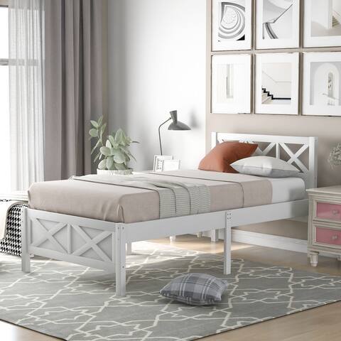 AOOLIVE Twin Size Wooden Platform Bed with X-shaped Frame, White