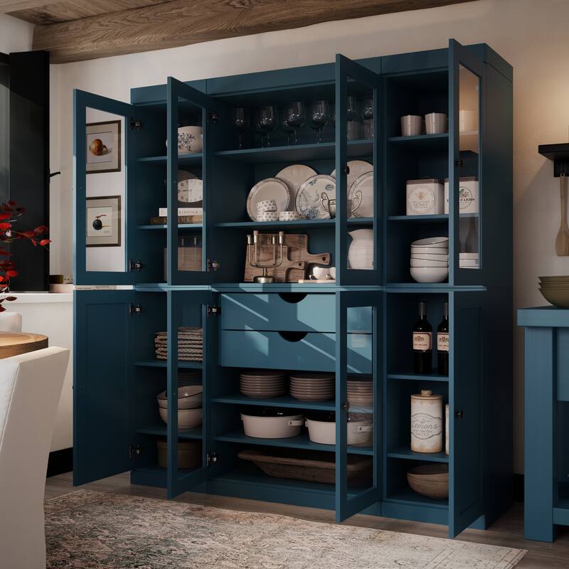 Palace Imports 100% Solid Wood 65" Pantry Cabinet with Clear Glass, Shaker Doors, 2-Drawers and Adjustable Shelves