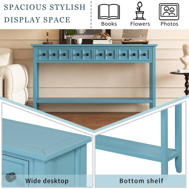 Entryway Console Table 60" Long Solid Wood Sofa Table Accent Tables with 4 Storage Drawers and Bottom Shelf for Living Room