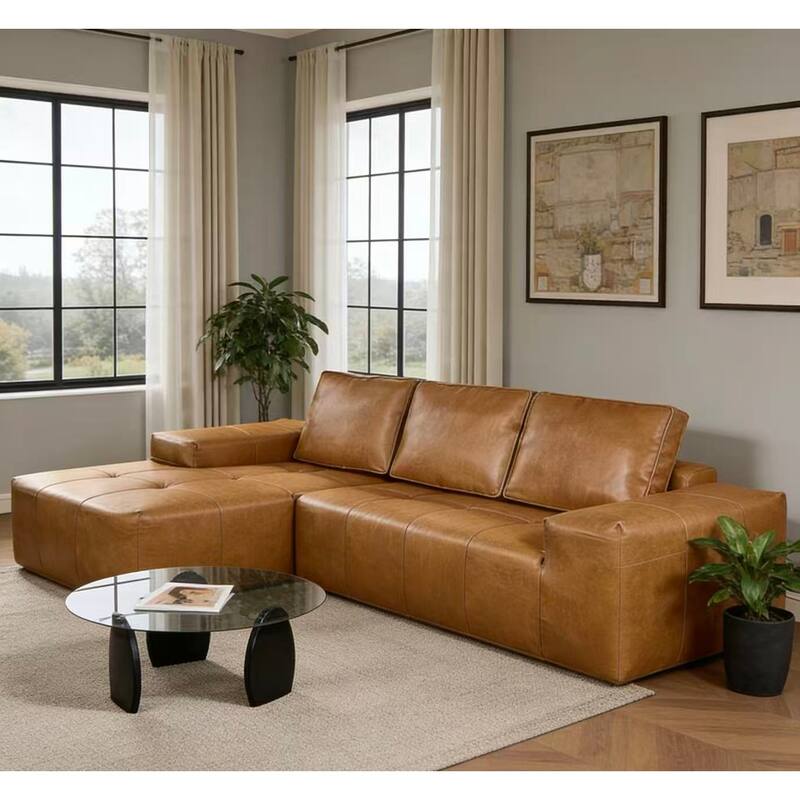Brown Faux Leather L-Shaped Sectional Sofa with Chaise, Deep Seat Cloud Couch - No Assembly Required