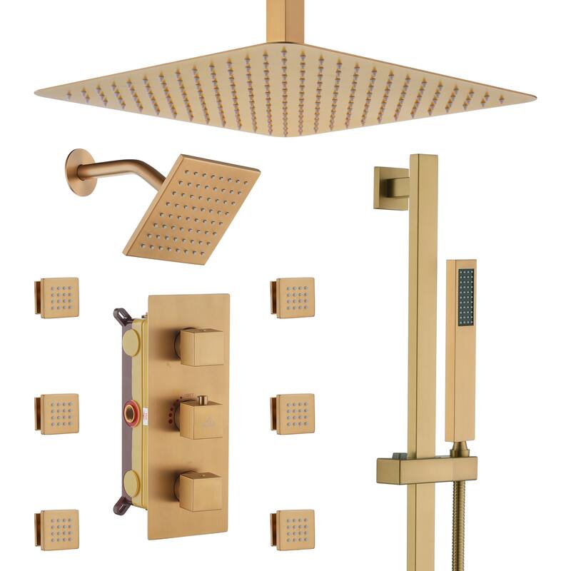 CASAINC Dual Heads High Pressure 16 Inch 4 Function Shower Head Shower System with Sliding Rod Handheld Shower and 6 Body Jet - Brushed Gold