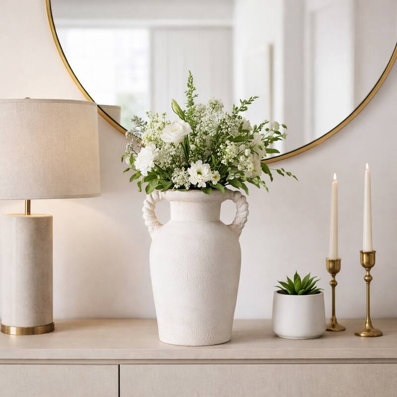 Decorative Textured Amphora Table Vase with Twisted Handles - 13.5" - White