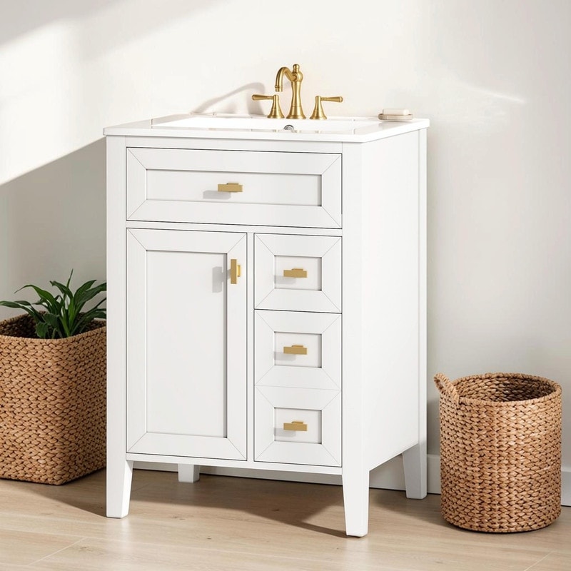 24" White Bathroom Vanity with Sink, MDF & Rubberwood Cabinet, 3 Drawers, 2-Tier Door Storage