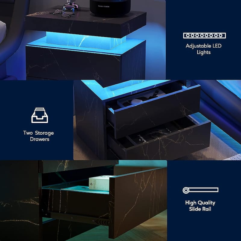 LED Nightstand with 2 Drawers for Bedroom