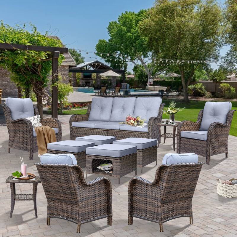 Brown Wicker Outdoor Patio Furniture Sofa Set with Denim Blue Cushions
