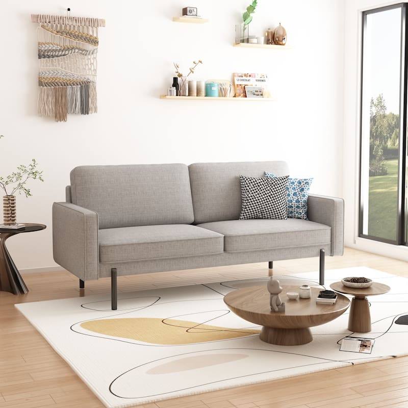 Modern Minimalist Luxe Linen Sofa with Lofted Black Metal Legs