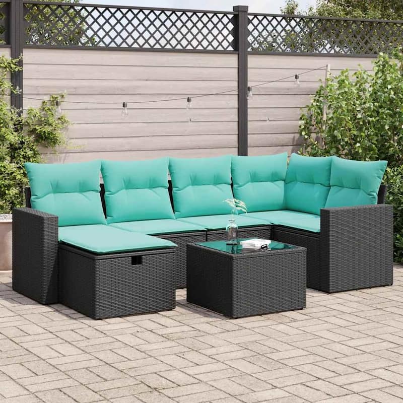 vidaXL Patio Sofa Set with Cushions Outdoor Conversation Furniture Poly Rattan - Black with storage - 21.7" x 24.4" x 27.2"