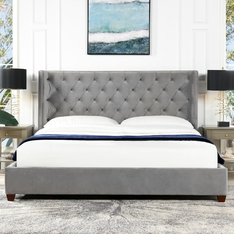 Manhattan Wingback Headboard King Platform Bed - Opal Grey Velvet