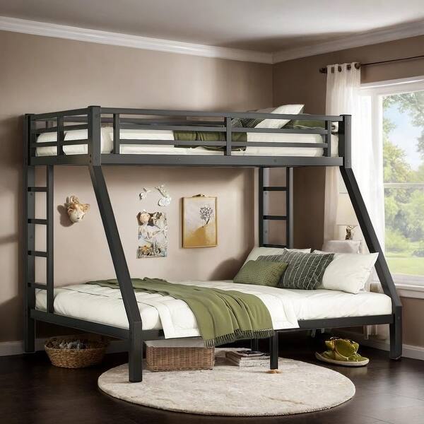 slide 2 of 10, Contemporary Metal Twin XL over Queen Bunk Bed for Teens and Adults, Space-Saving, Under Bed Storage, Black Black