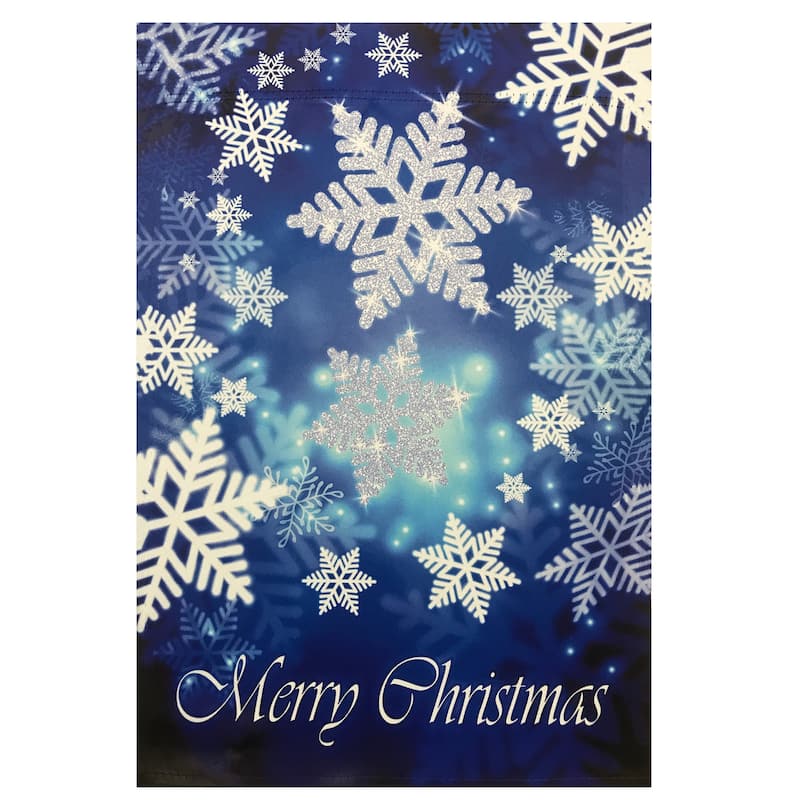 Merry Christmas and Snowflakes Blue and White House Flag 28" x 40" - 28" x 40"