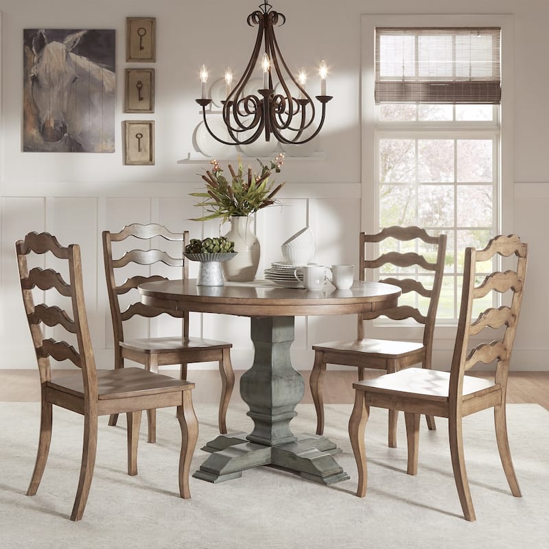 Eleanor Sage Green Round Solid Wood Top Ladder Back 5-piece Dining Set by iNSPIRE Q Classic - Antique Sage Green Table - Oak Chairs