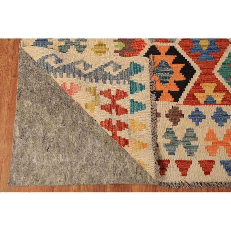 Geometric Kilim Area Rug Hand-Woven Orange Tribal Wool Carpet - 8'10"x 12'0"