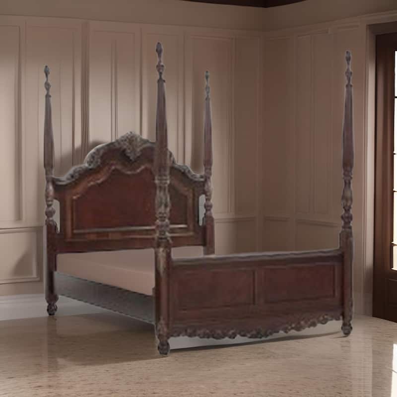 Park Queen Size Poster Bed with Shell Motifs and Burl Inlays, Brown Veneer
