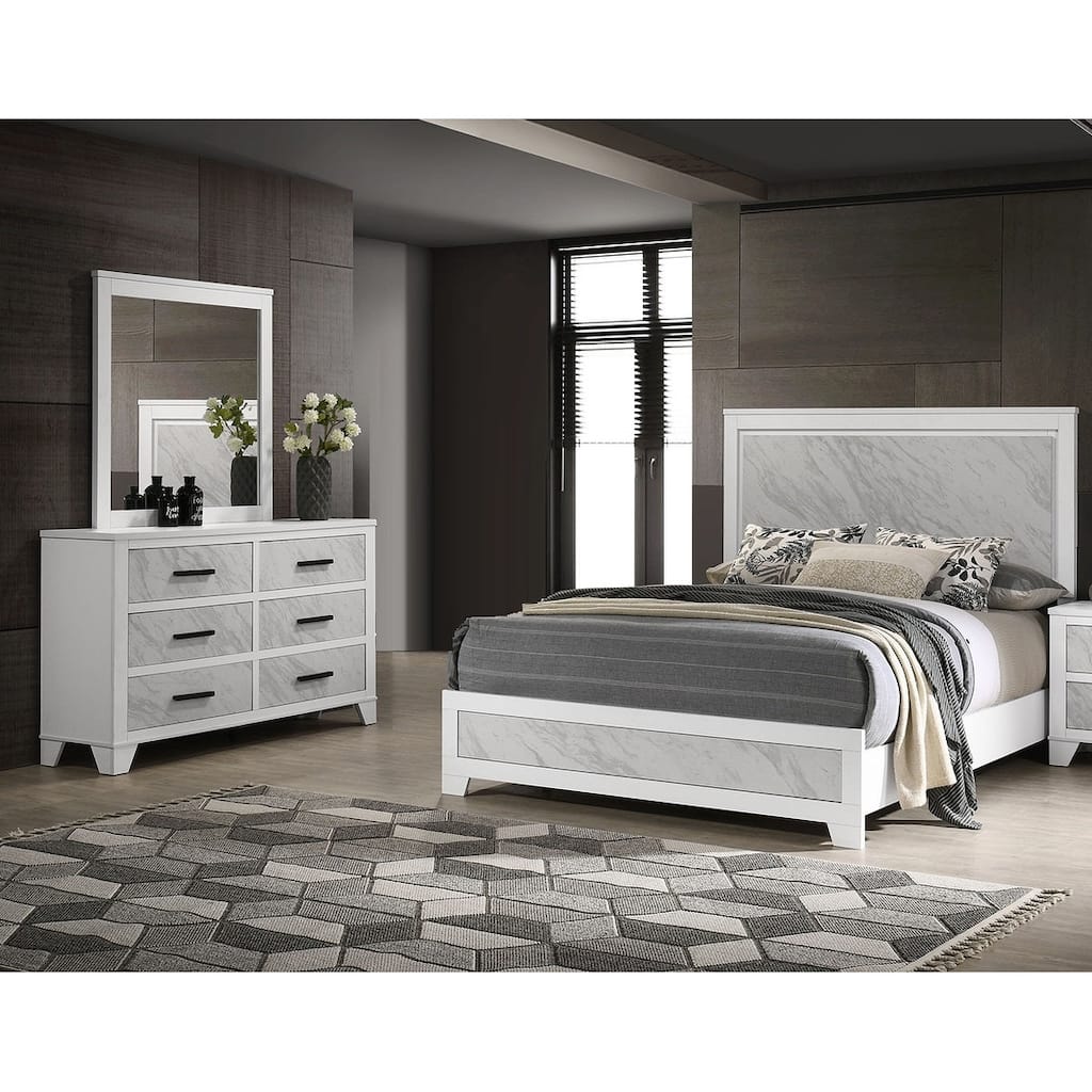 Modern White Finish Bed Dresser Mirror Classic 3-Piece