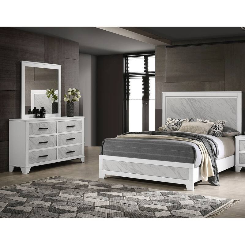 Modern White Finish Bed Dresser Mirror Classic 3-Piece