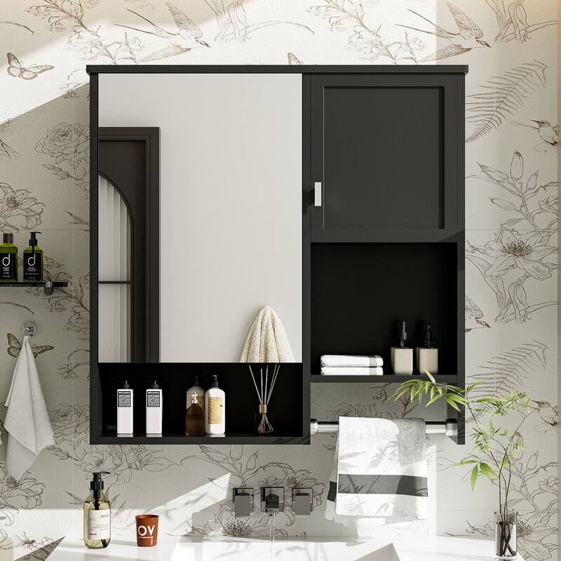 Wall-Mounted Bathroom Medicine Cabinet with Mirror, Adjustable Shelves & Towel Bar - Space-Saving Storage Solution - 7.12X29.52 in - Black + MDF+glass