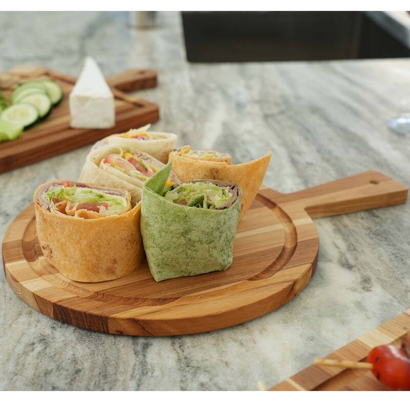 EcoDecors Round Teak Cutting Board 14" with Handle, FSC Certified Wood, Carving Board for Kitchen & Prep