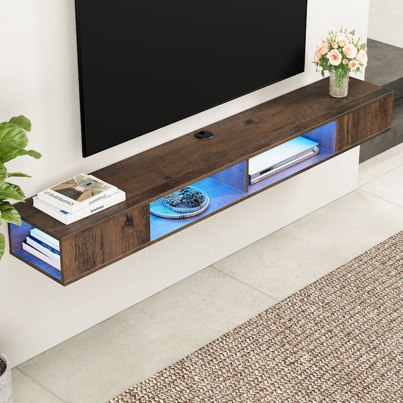 Floating Wall Mounted TV Stand with Storage, Brown, 70 Inch