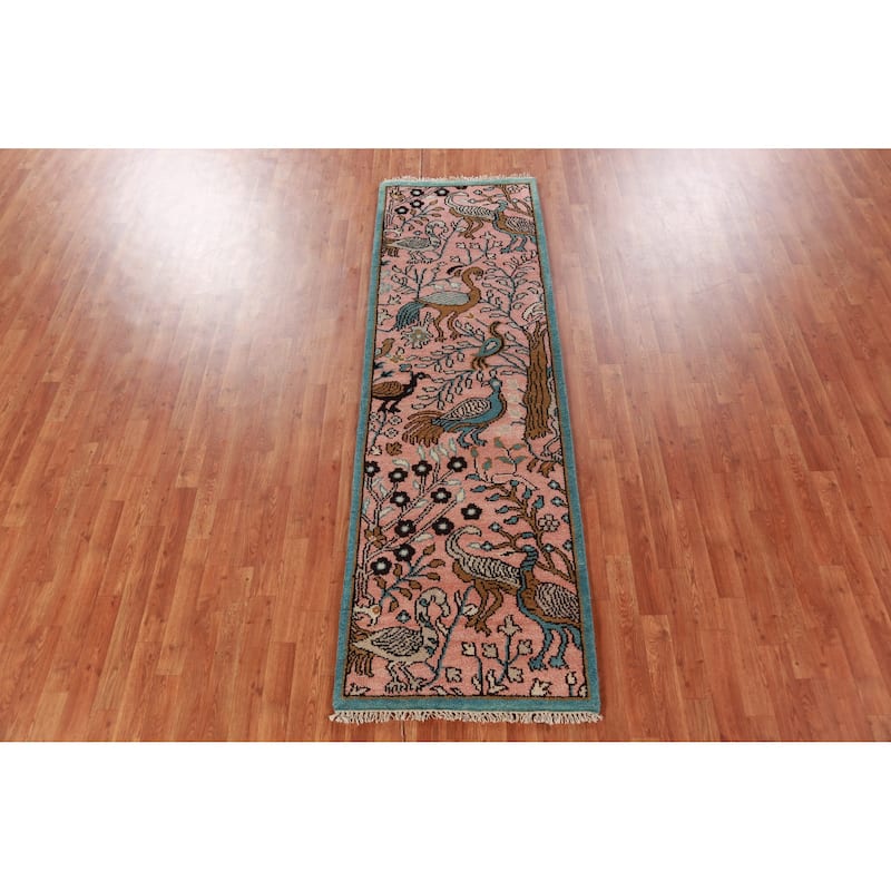 Pink Animals Ziegler Indian Runner Rug Handmade Wool Carpet - 2'7" x 8'0"