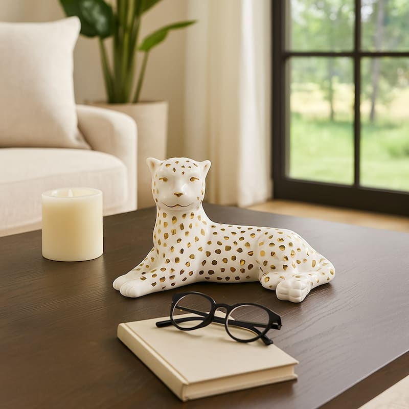 Ceramic Leopard Decorative Figurine - White and Gold - 9.75"