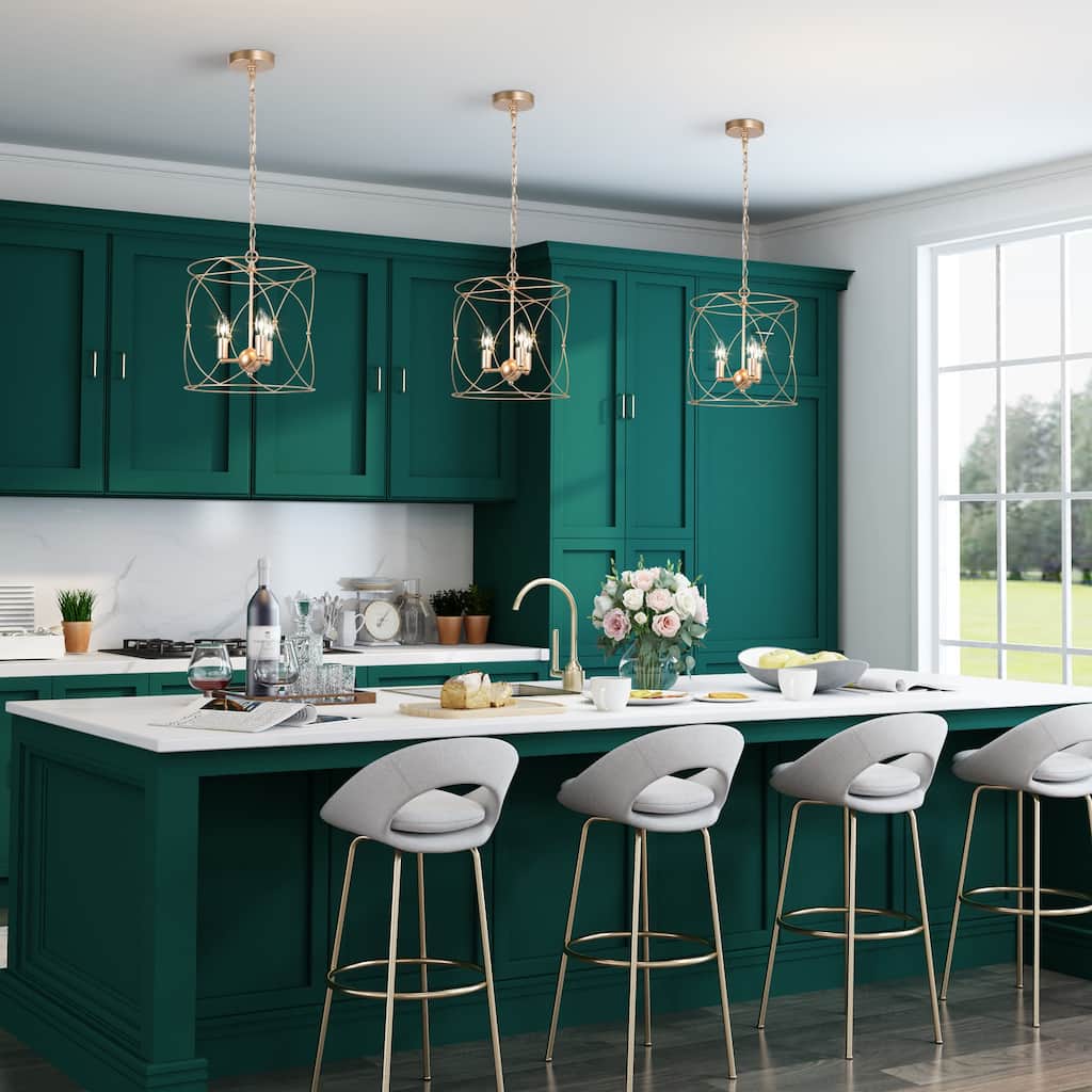 Cionar Modern Glam 3-light Chandelier Gold Cage for Kitchen Island LED Bulbs - D13" x H 74"