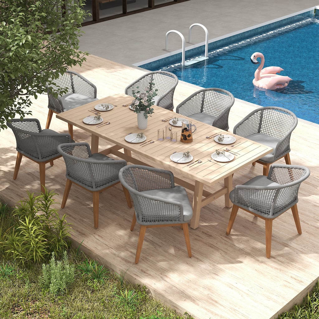 Outdoor Patio 9-Piece Dining Set With Rope-Woven Dining Chairs