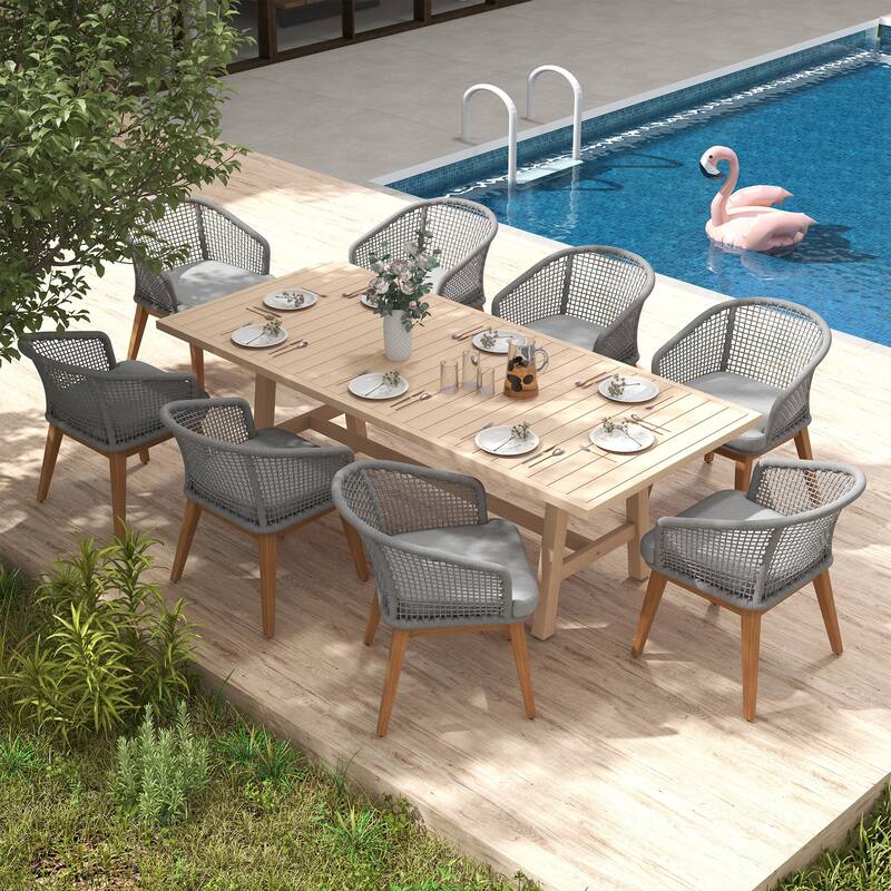 Outdoor Patio 9-Piece Dining Set With Rope-Woven Dining Chairs