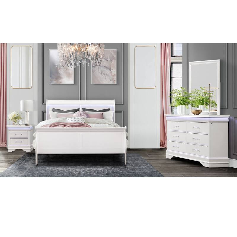 HomeRoots 59" White Solid Wood Six Drawer Double Dresser with LED