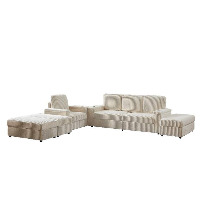 3-seater Modern Sofa with Corduroy Single Sofa, Cup-holding Grooves and 3 Ottomans