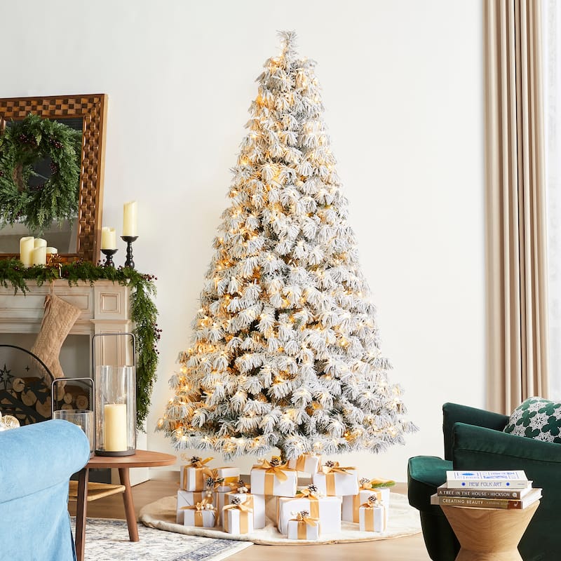 Glitzhome 6FT/7.5FT/9FT/11FT Snow Flocked Pre-lit Artificial Fir Christmas Trees - 7.5FT Full-size Spruce